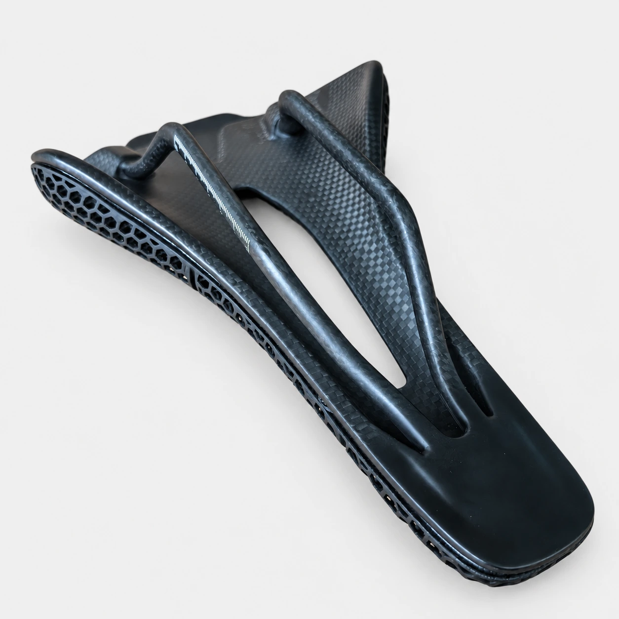 VT-108 3D printed bicycle saddle underside angle view