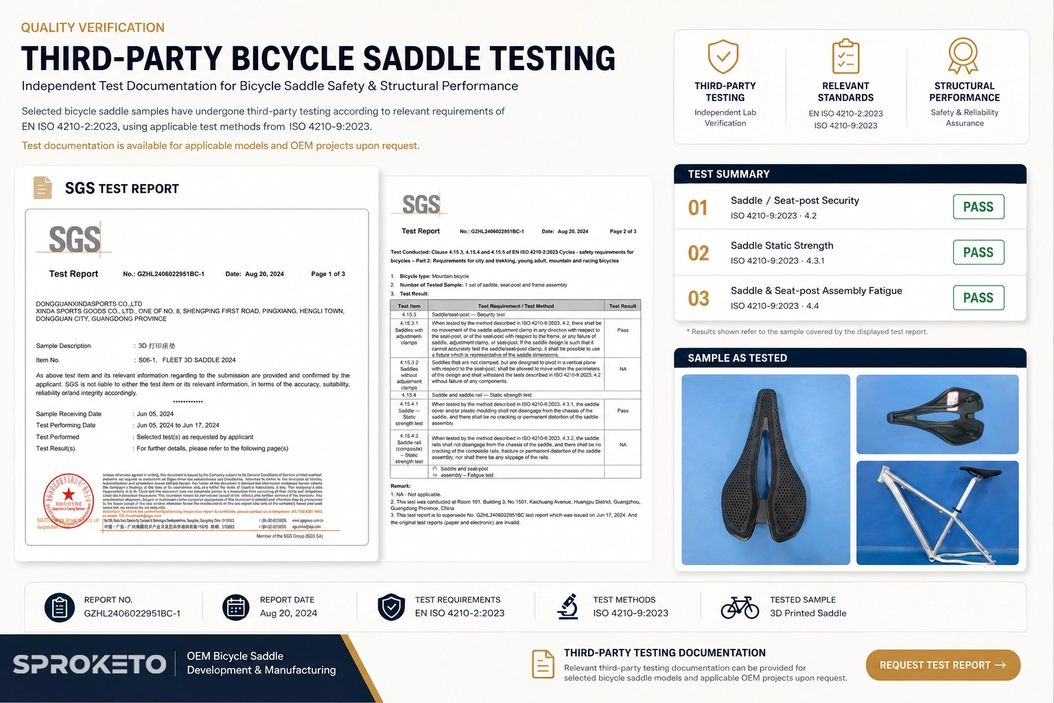 SGS third-party bicycle saddle testing report with ISO 4210-9 test results