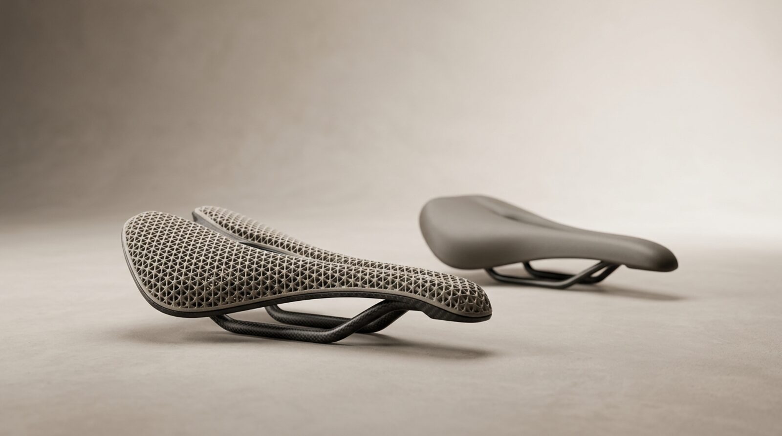 3D printed bicycle saddle with visible lattice cushioning next to a conventional foam-padded bicycle saddle for B2B sourcing comparison
