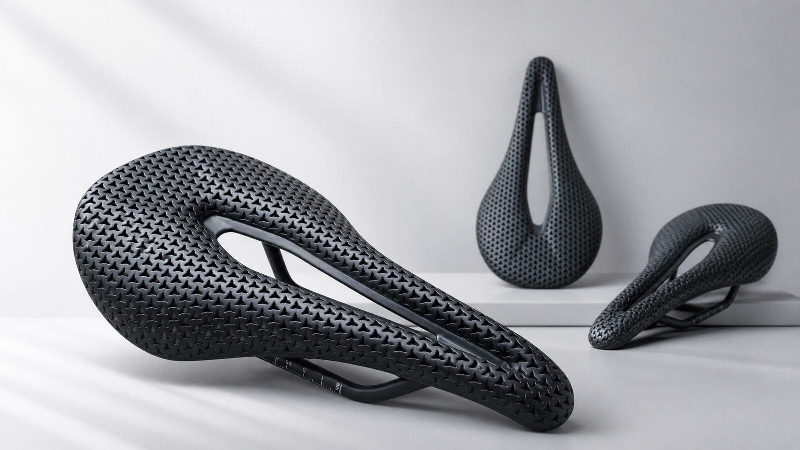 Premium 3D printed bicycle saddle lineup in a refined studio setting for product-line planning
