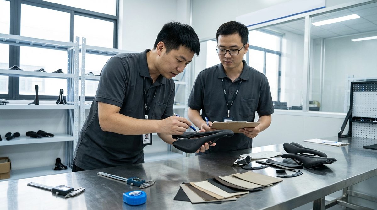 SPROKETO staff reviewing bicycle saddle sample at development worktable